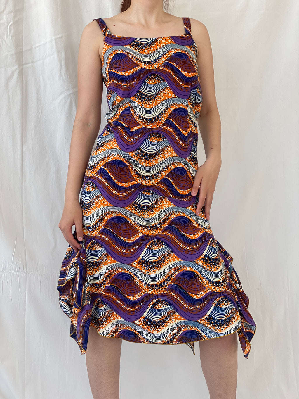 Vintage Handmade Ethnic African Print Purple Orange Midi Sleeveless Dress with Matching Bolero - S