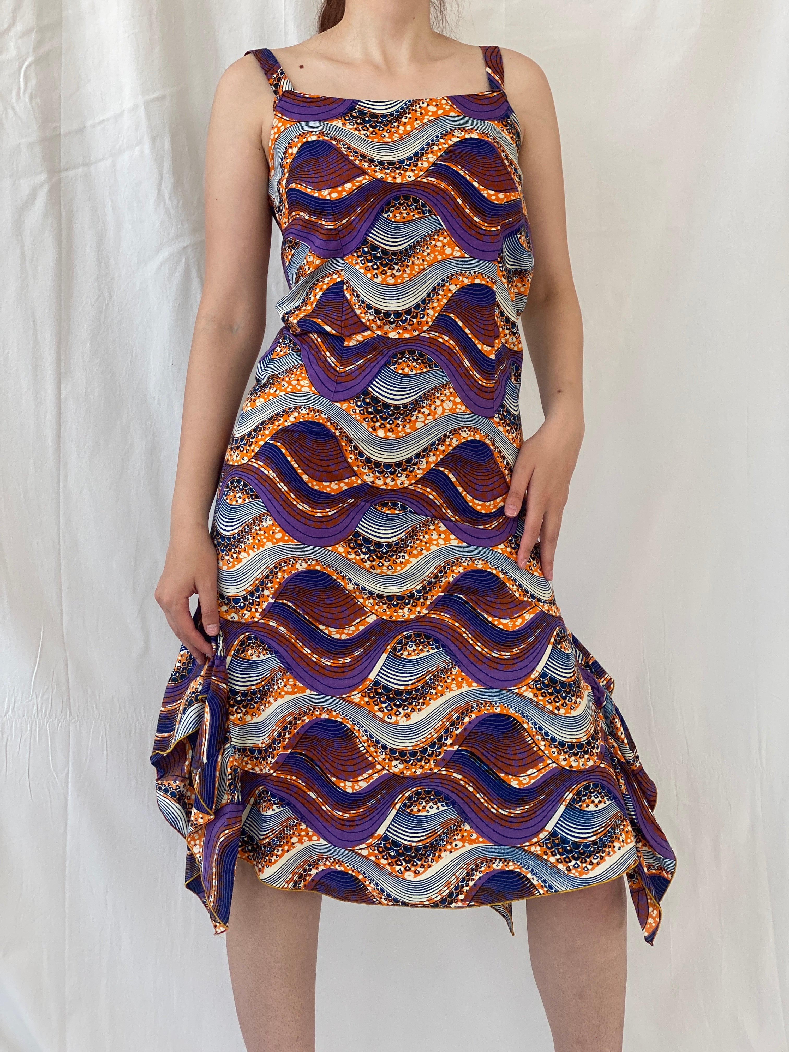 Vintage Handmade Ethnic African Print Purple Orange Midi Sleeveless Dress with Matching Bolero - S
