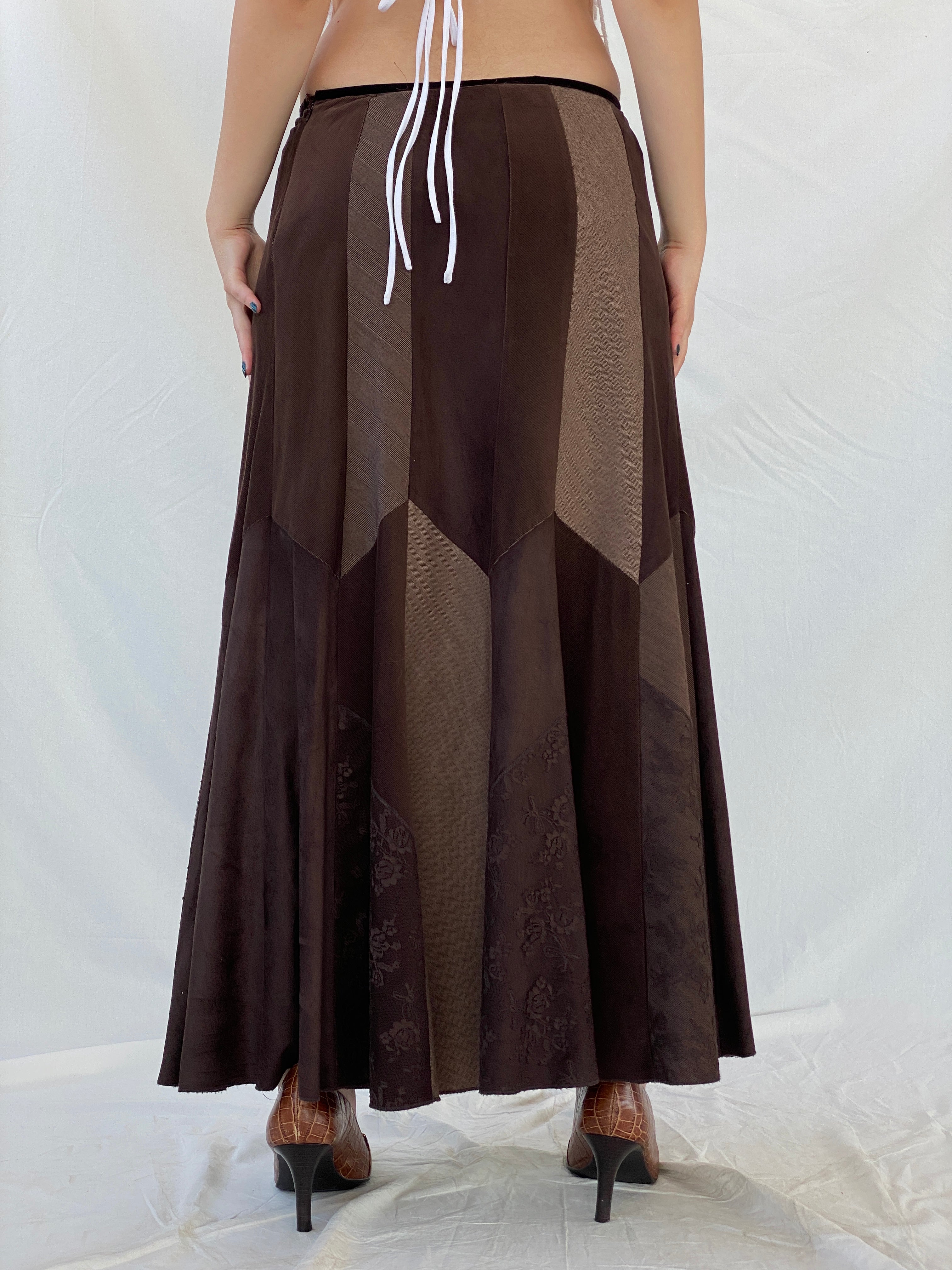 Y2K Per Una Patchwork Brown Cord Velvet Maxi Skirt - L