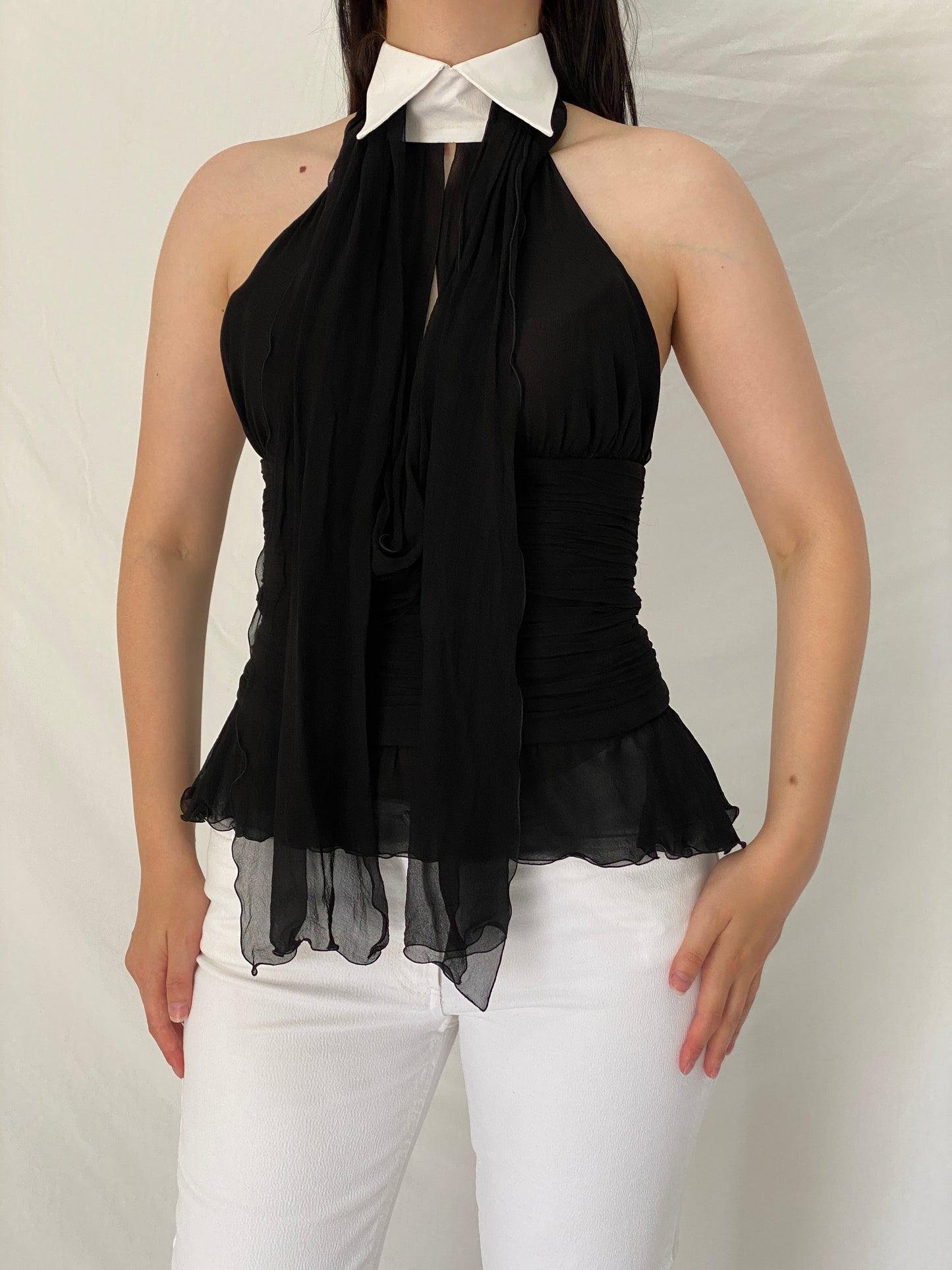 Y2K Lagerfeld Gallery Black Silk Halter Blouse with White Collar – S