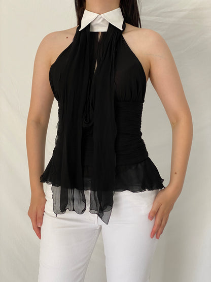 Y2K Lagerfeld Gallery Black Silk Halter Blouse with White Collar – S