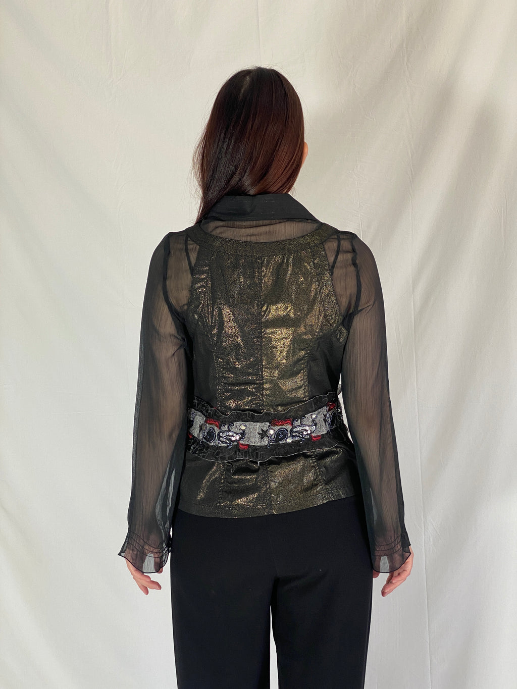 Vintage Farfalla Rosso Shimmery Whimsygoth Beaded Sheer Shirt Evening Top - XL