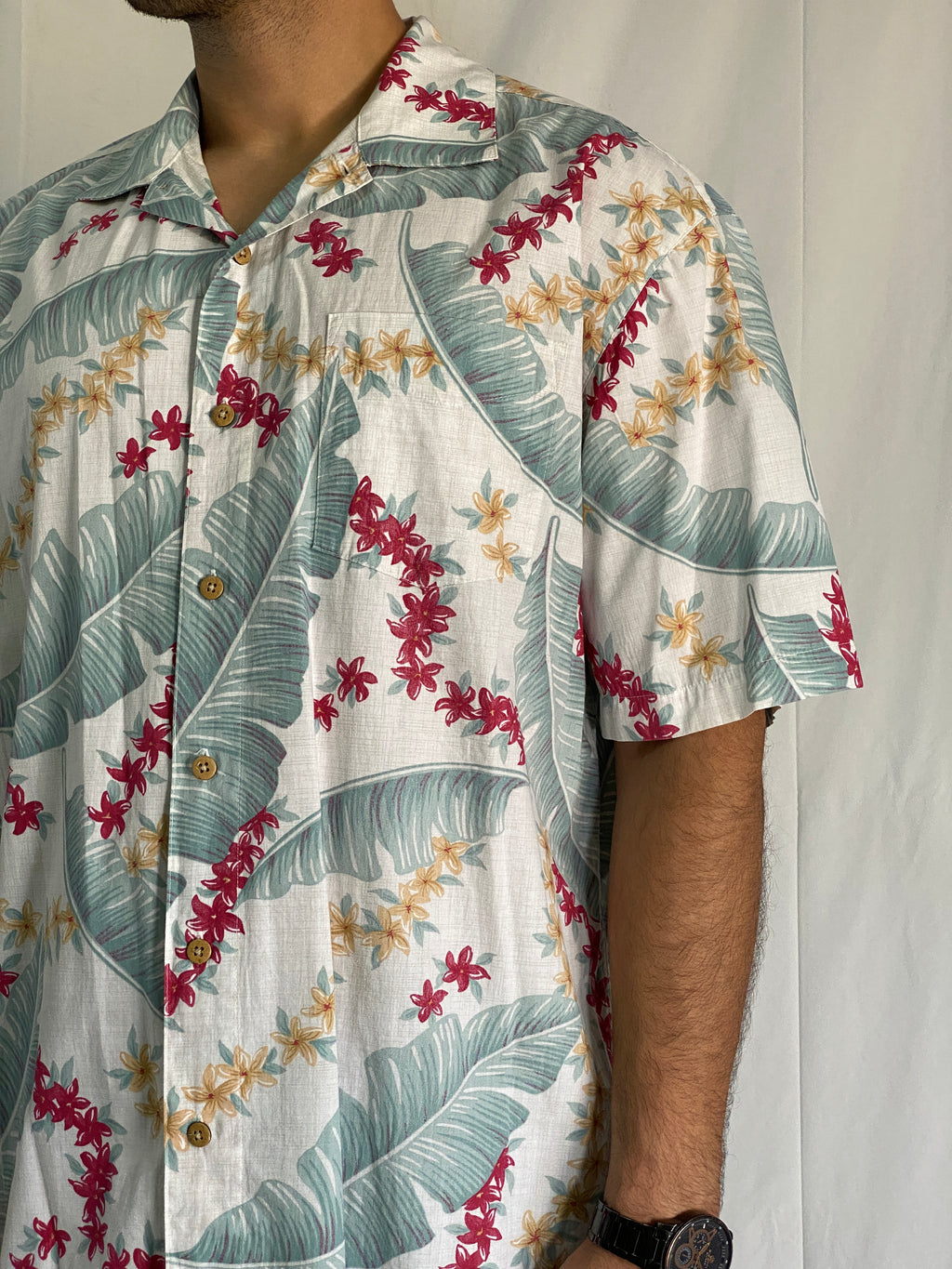 Vintage Batik Bay Reverse Print Cotton Hawaiian Shirt With Tropical Floral Design - XL