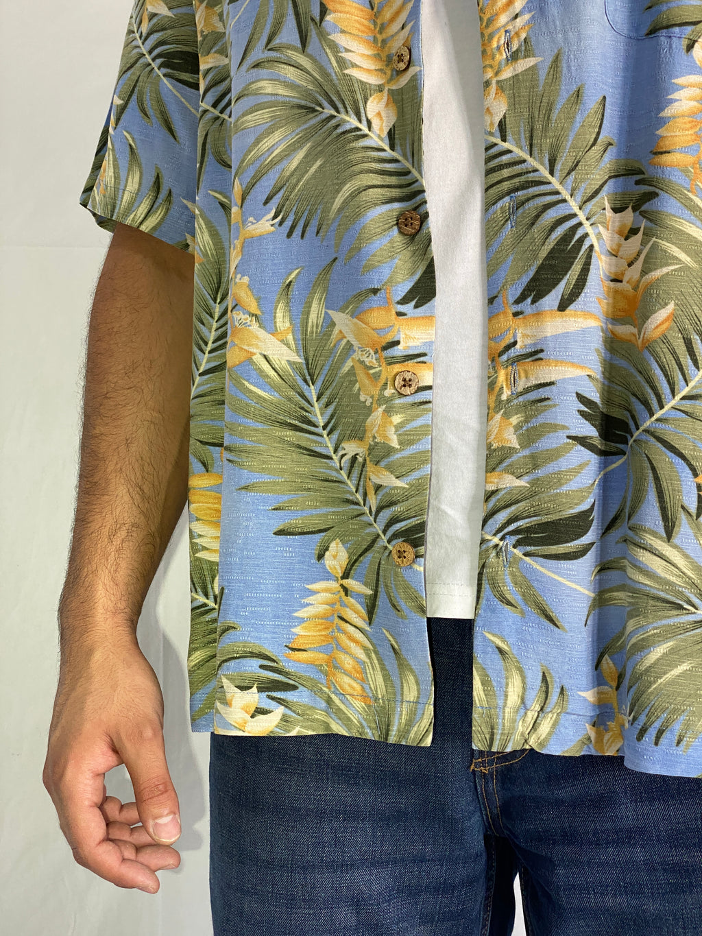Caribbean Hawaiian Blue Tropical Palm Leaf Men’s Silk Shirt - XL
