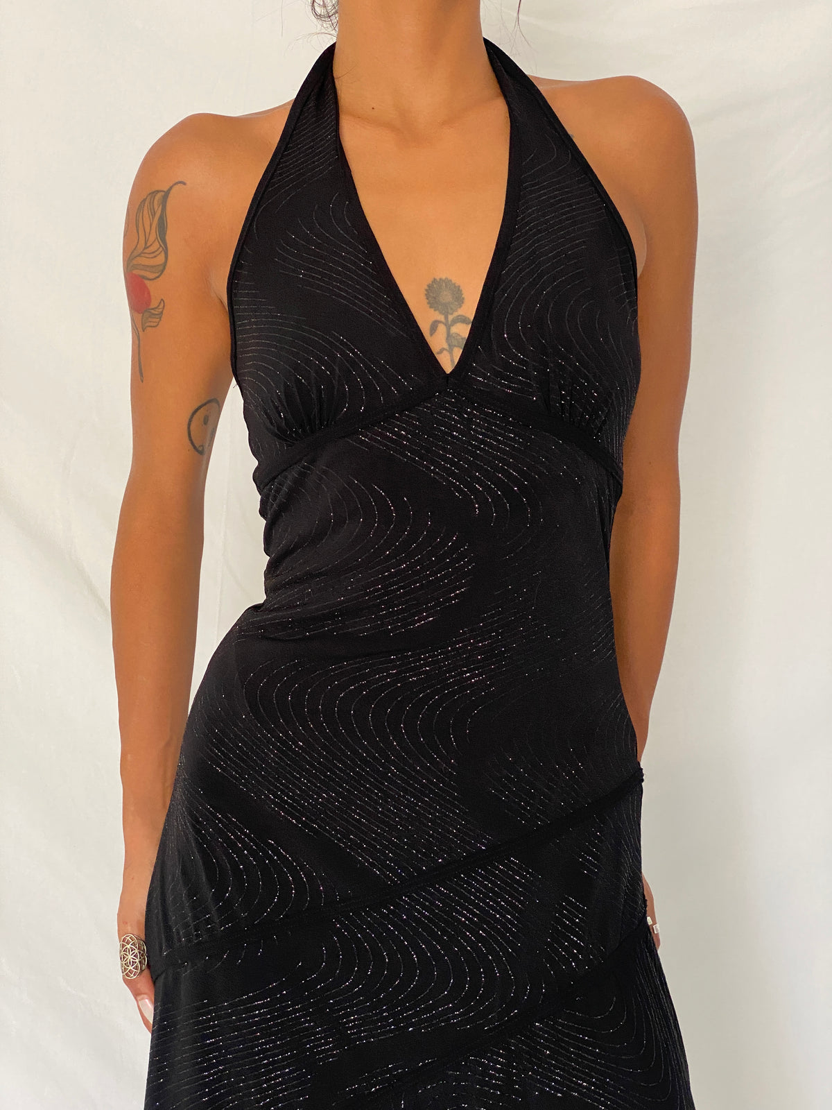Vintage Y2K Lipstick Black Glitter Swirl Halter Asymmetric Midi Dress- S Vintage Y2K Lipstick Black Glitter Swirl Halter Asymmetric Midi Dress- S