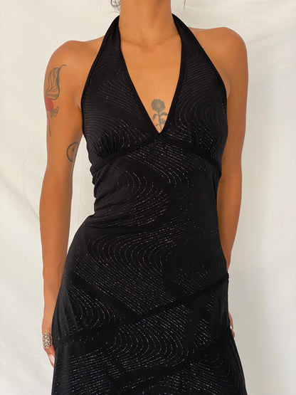 Vintage Y2K Lipstick Black Glitter Swirl Halter Asymmetric Midi Dress- S