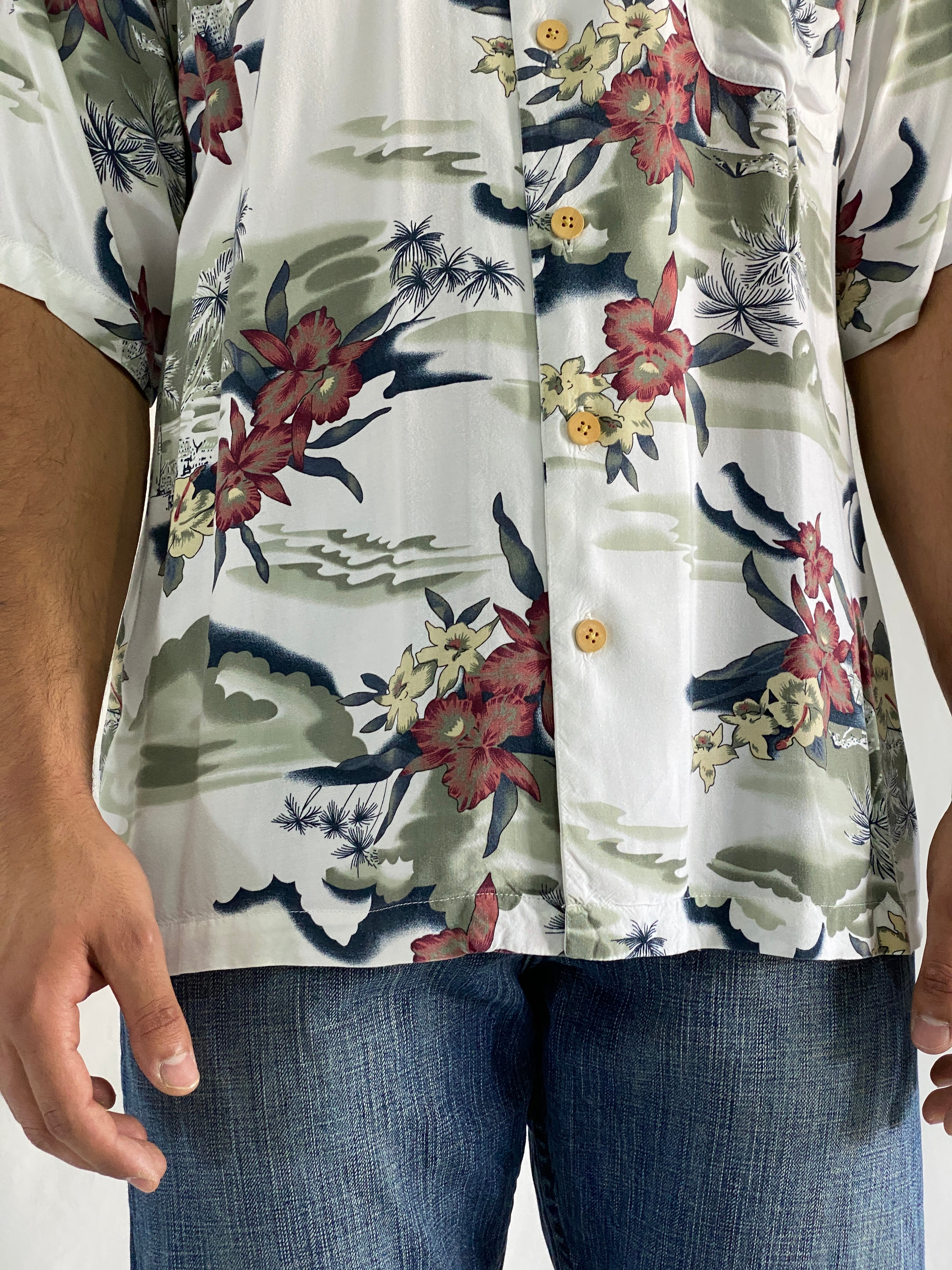 Vintage Original Island Sport Rayon Hawaiian Floral Aloha Button-Up Shirt - XL