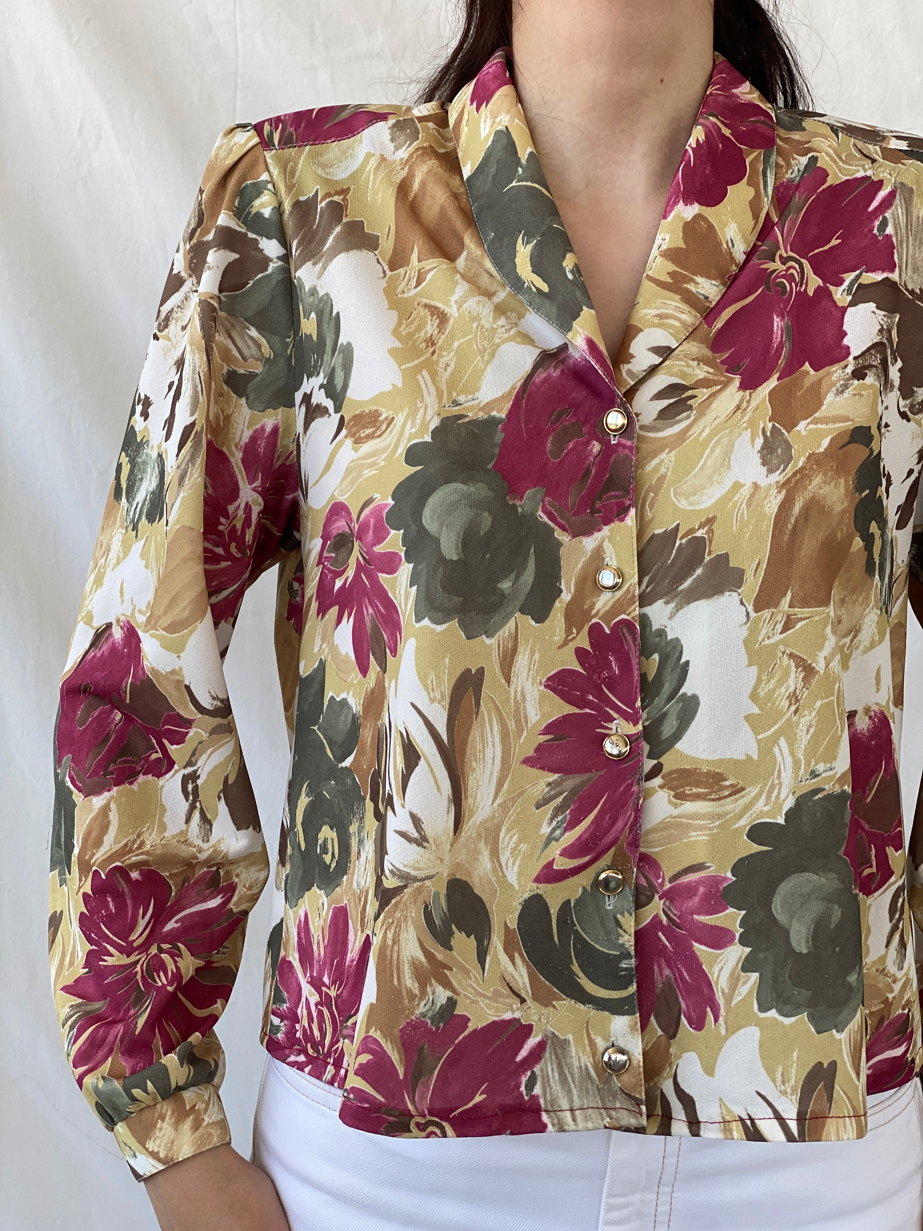 Vintage Colorful Floral Full Sleeve Button Up Office Shirt - L