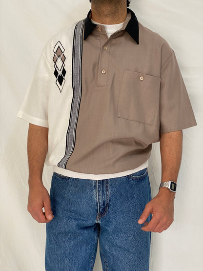 Vintage 90s Alan Stuart Color Block Bowling Shirt Beige Cream Retro Cuban Top - L