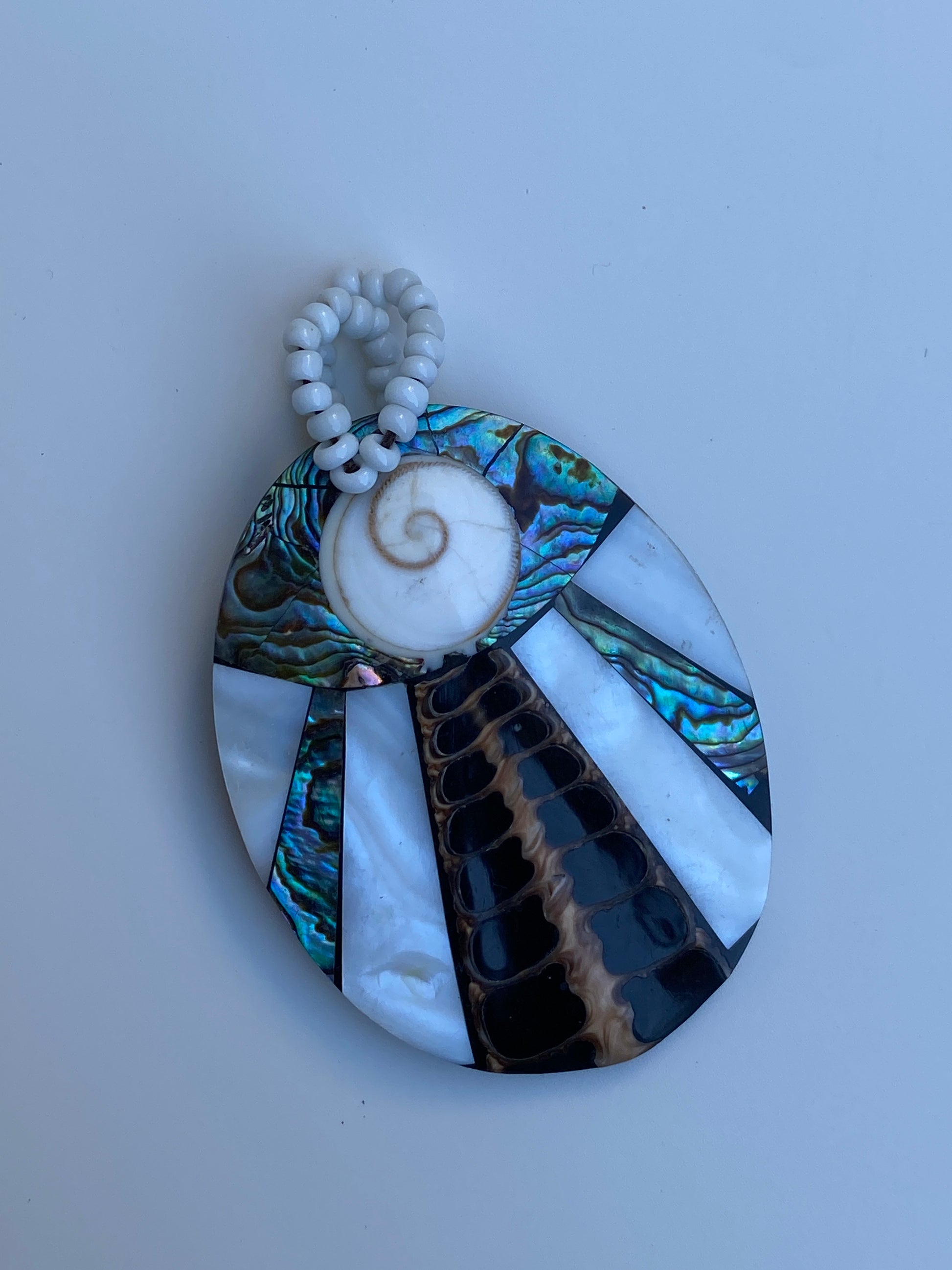 Vintage Abalone & Mother of Pearl Mosaic Pendant with Shiva Eye Shell Vintage Abalone & Mother of Pearl Mosaic Pendant with Shiva Eye Shell