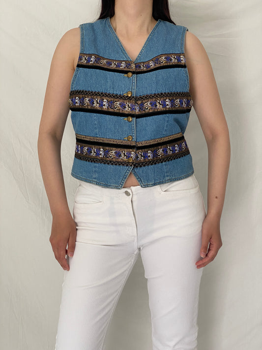 Vintage Y2K Liz Wear Denim Vest Boho Tapestry Trim Button Front Cropped Jean Vest – M