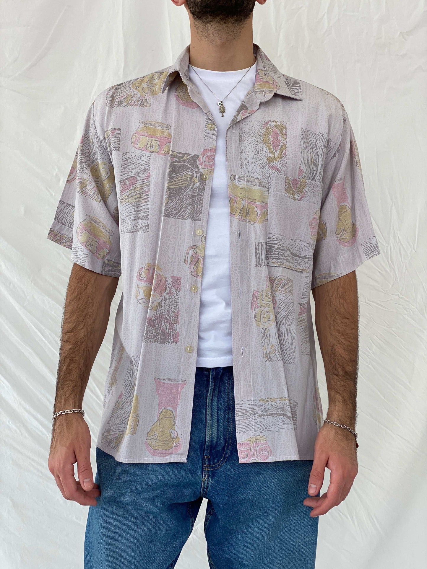 Vintage 80s/90s Euro Fashion Pastel Pink Half Sleeve Shirt Size L/XL - Balagan Vintage Half Sleeve Shirt 80s, Awsam, half sleeve shirt, mens shirt, NEW IN, printed shirt