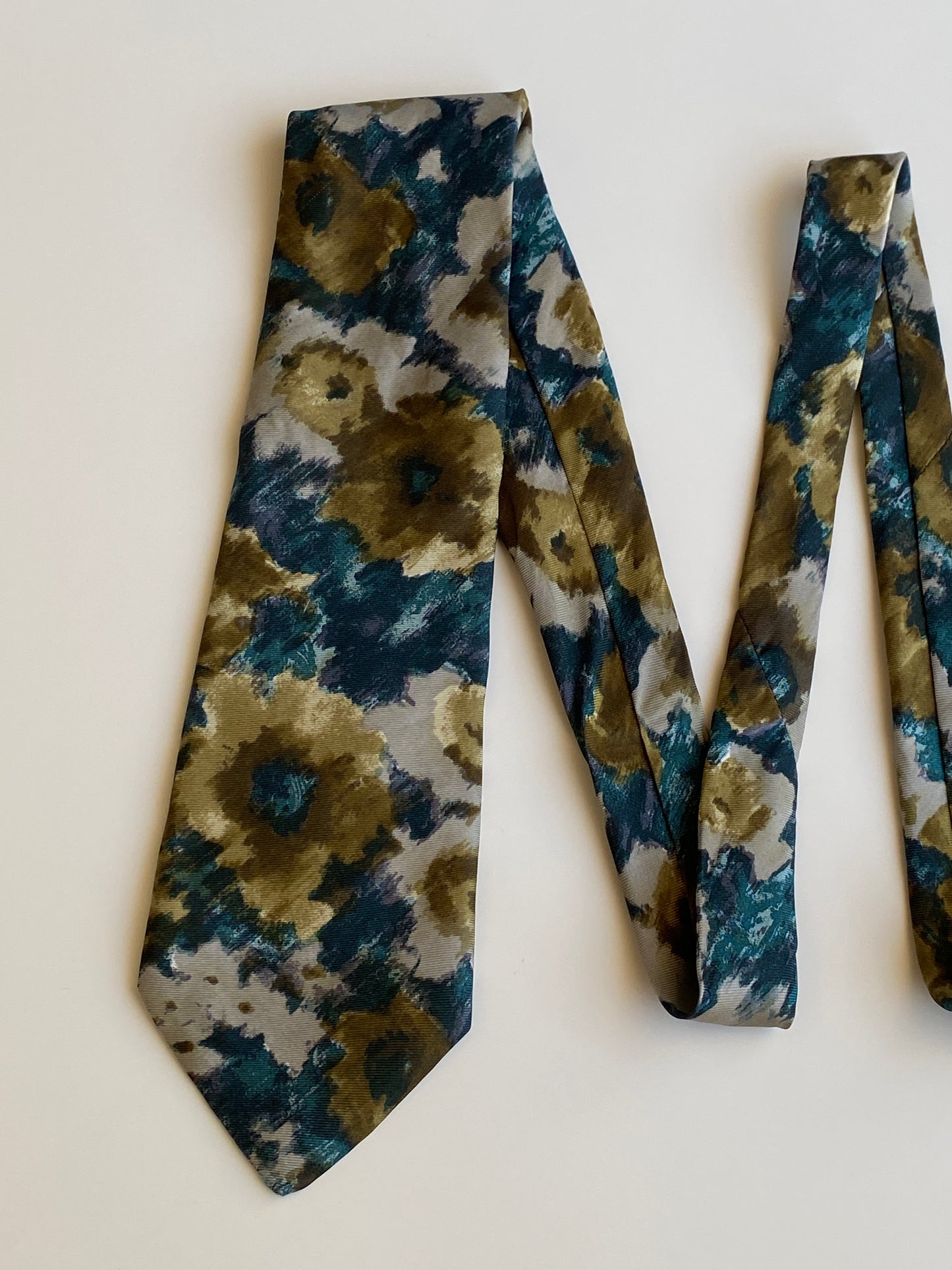 Vintage 1990s Peter von Holland Teal Olive 100% Silk Abstract Floral Necktie