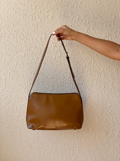 Vintage 90s Gabor Cognac Brown Glossy Minimalist Shoulder Bag