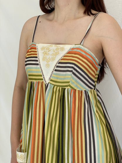 Y2K Valleygirl Striped Sundress Cotton Green Orange Pockets Dress - L