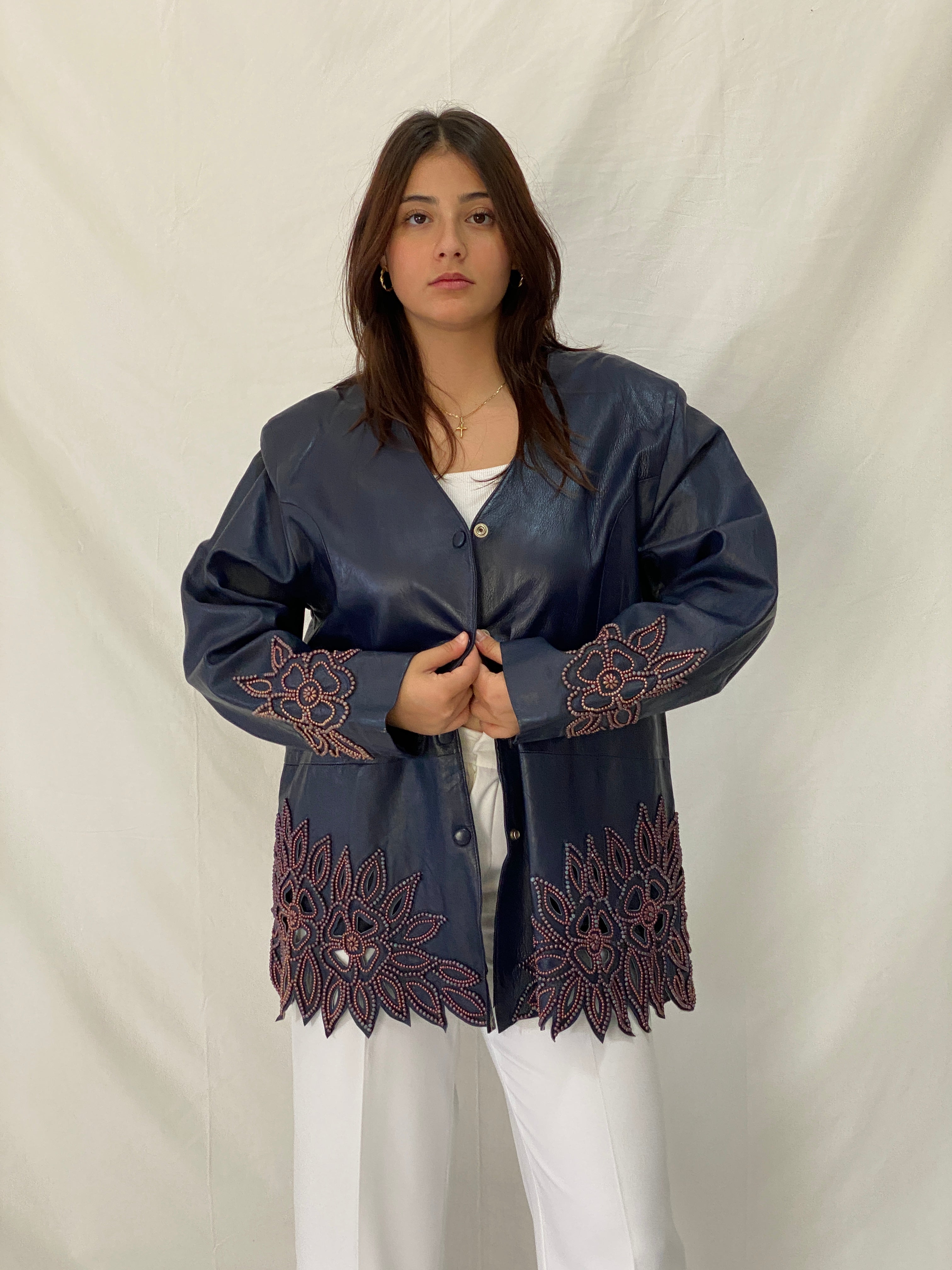 Vintage KOSHAR Genuine Leather Duster Coat Navy Beaded Cut-Out Floral Jacket - XL