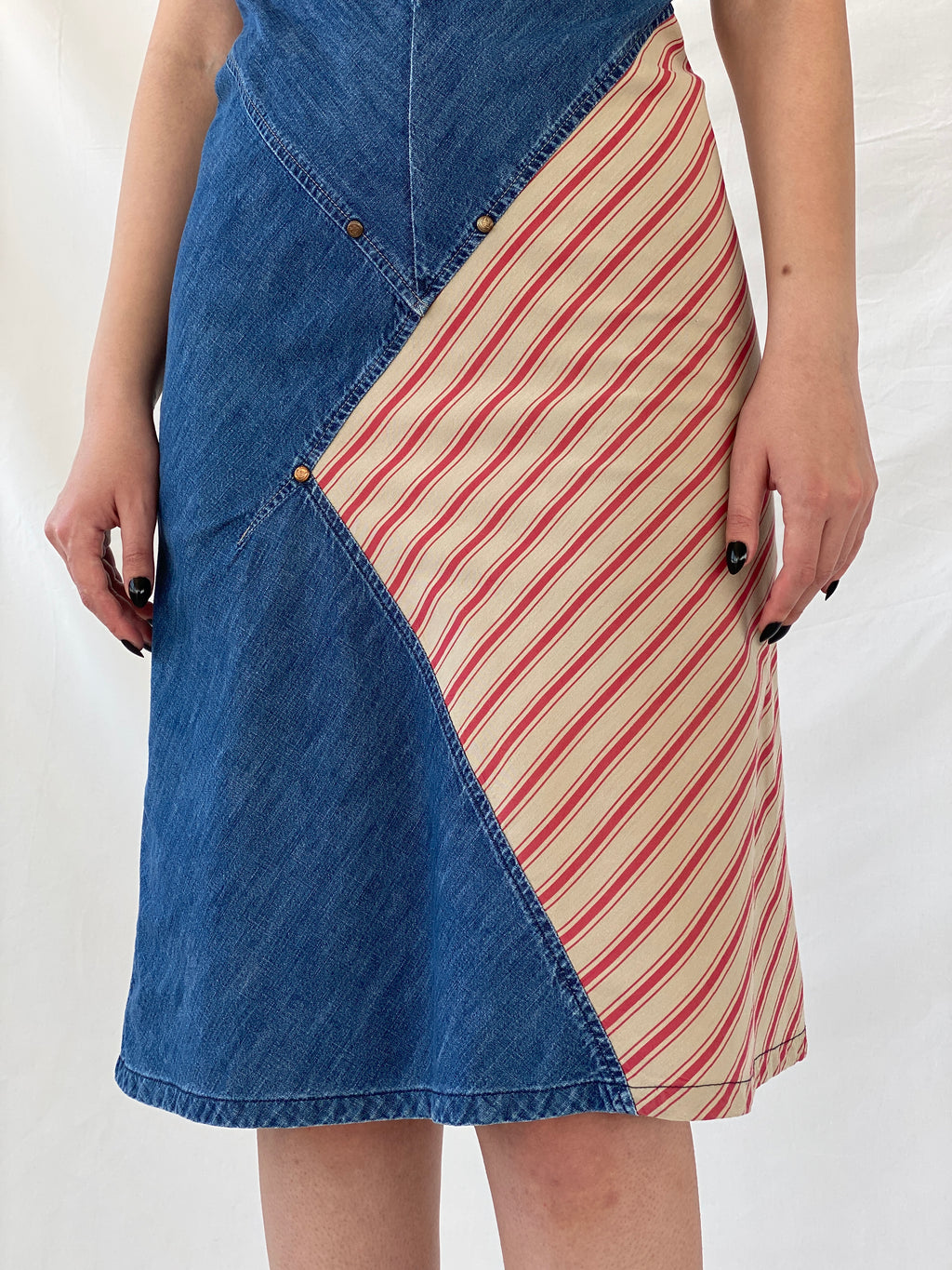 Vintage 90s Roxy Life Quicksilver Denim Striped Red Patch Midi Dress - S