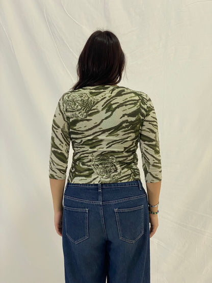 Vintage Green Tiger Print V-Neck Fitted 3/4 Sleeve Top - M