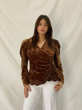 Vintage GEORGEDÉ Paris Brown Crushed Velvet Top Puff Sleeve Wrap Ruched Blouse - M