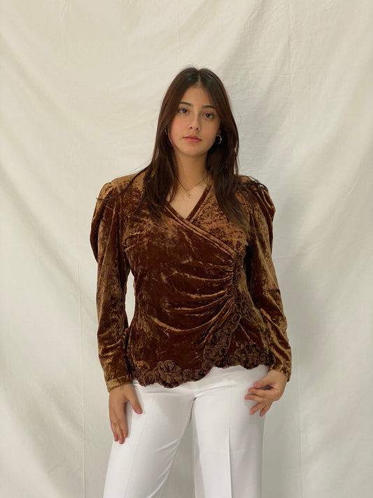 Vintage GEORGEDÉ Paris Brown Crushed Velvet Top Puff Sleeve Wrap Ruched Blouse - M