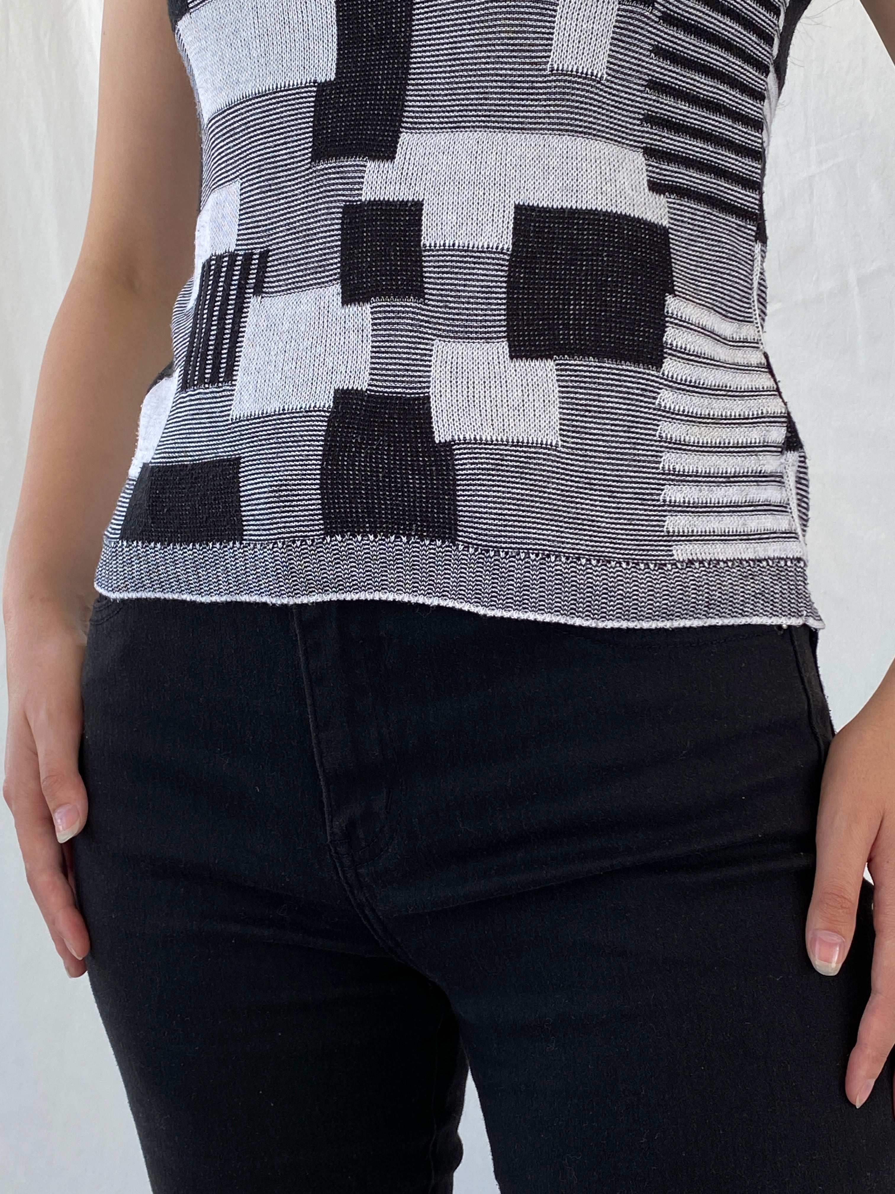 Vintage Nisan Triko Black White Geometric Knitted Cotton Tank Top - S