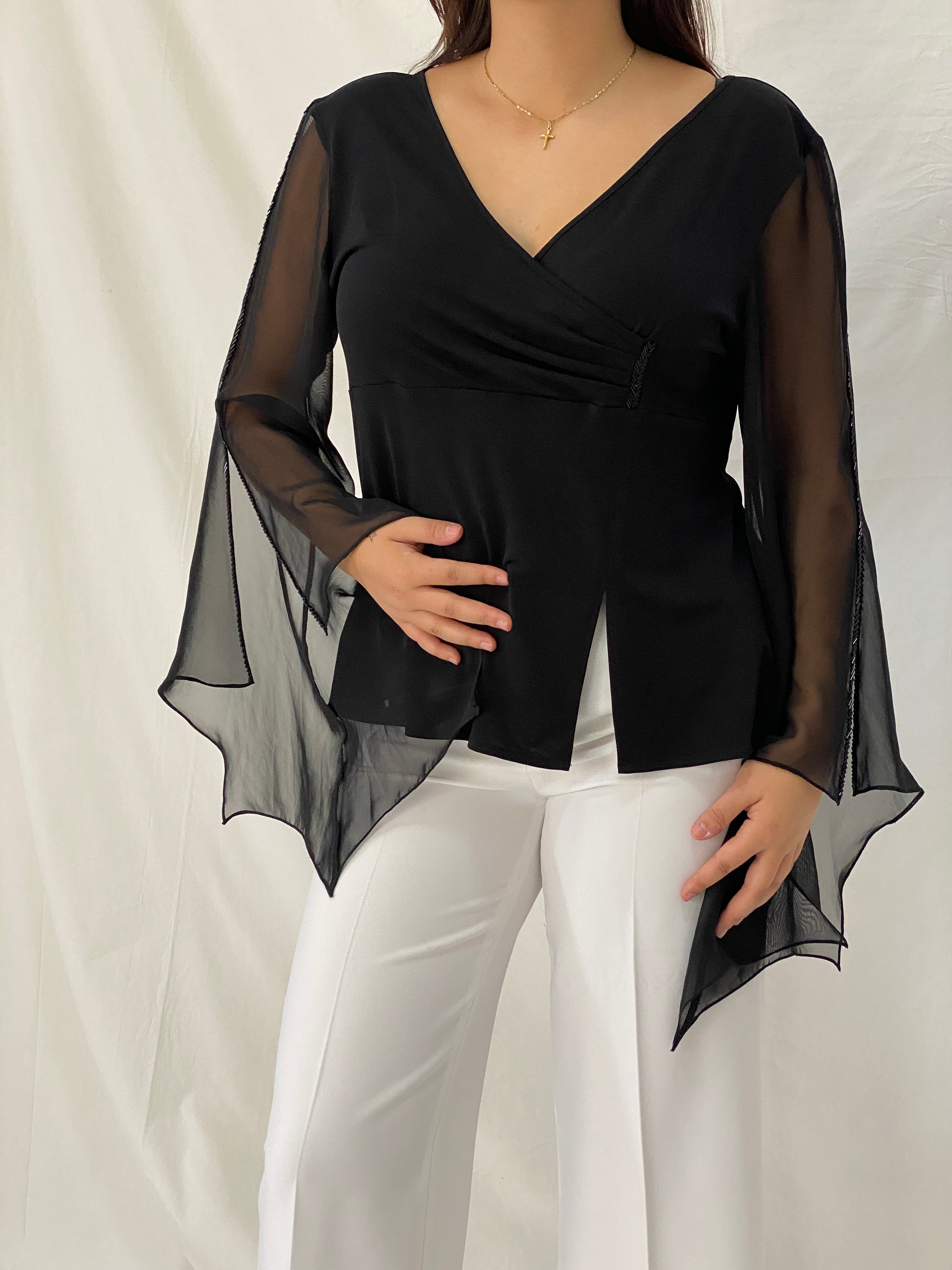 Vintage DORCA Black Sheer Beaded Bell Sleeve Top Blouse - L