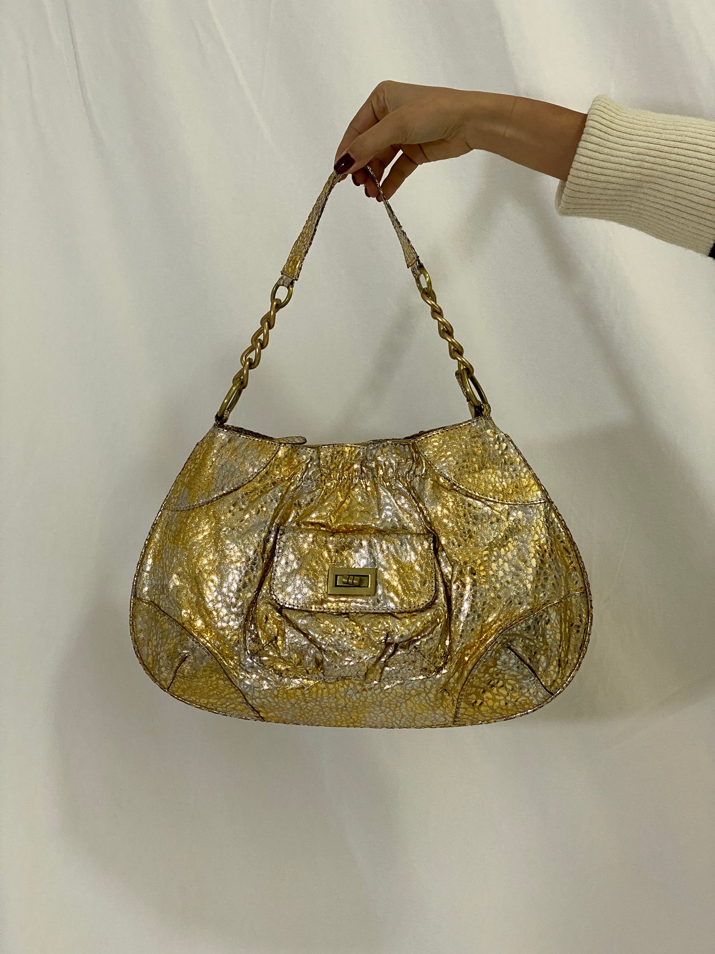 Vintage Gold & Silver Purse Metallic Faux Leather Shoulder Bag with Chain Strap