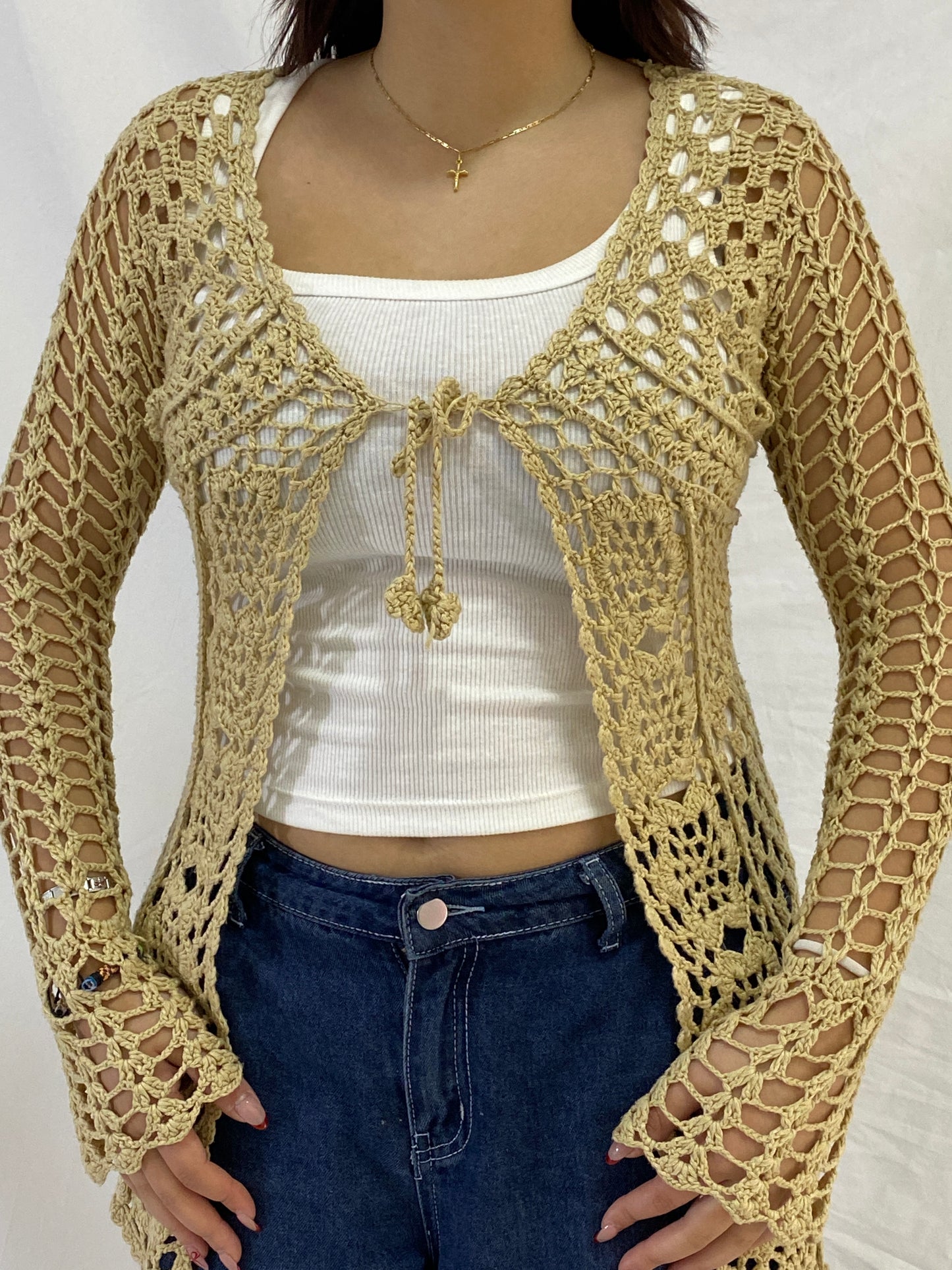 Vintage Beige Crochet Tie-Front Long Sleeve Open-Knit Cardigan – M
