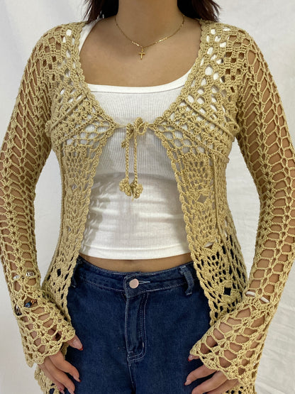 Vintage Beige Crochet Tie-Front Long Sleeve Open-Knit Cardigan – M