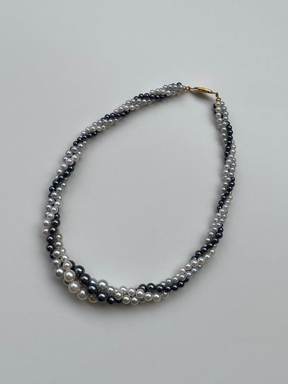 Vintage Faux Pearl Double Strand Necklace Black & White Elegant Classic Choker