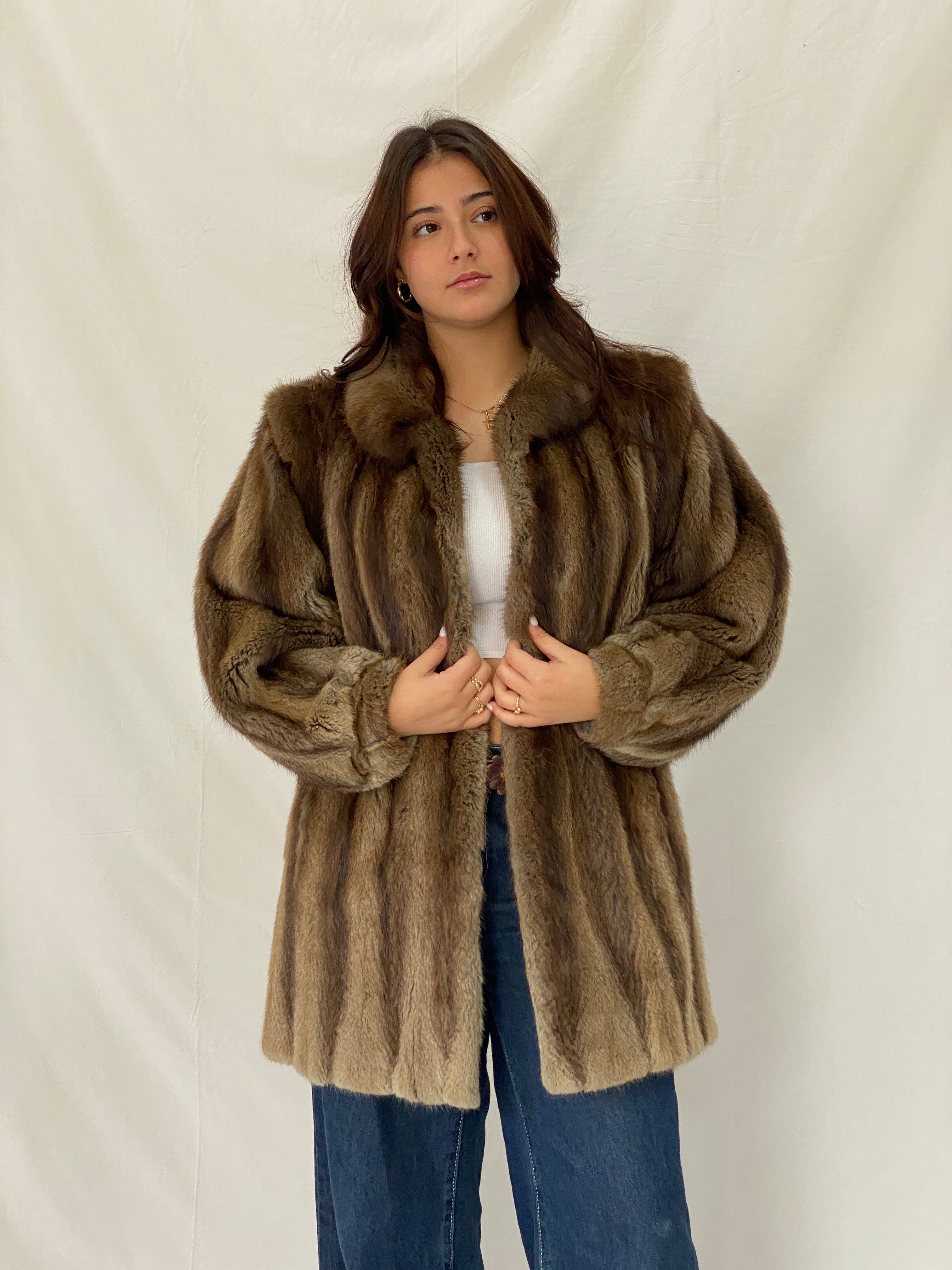 Vintage Natural Brown Mink Fur Coat Classic Mid-Length Luxury Winter Jacket - L