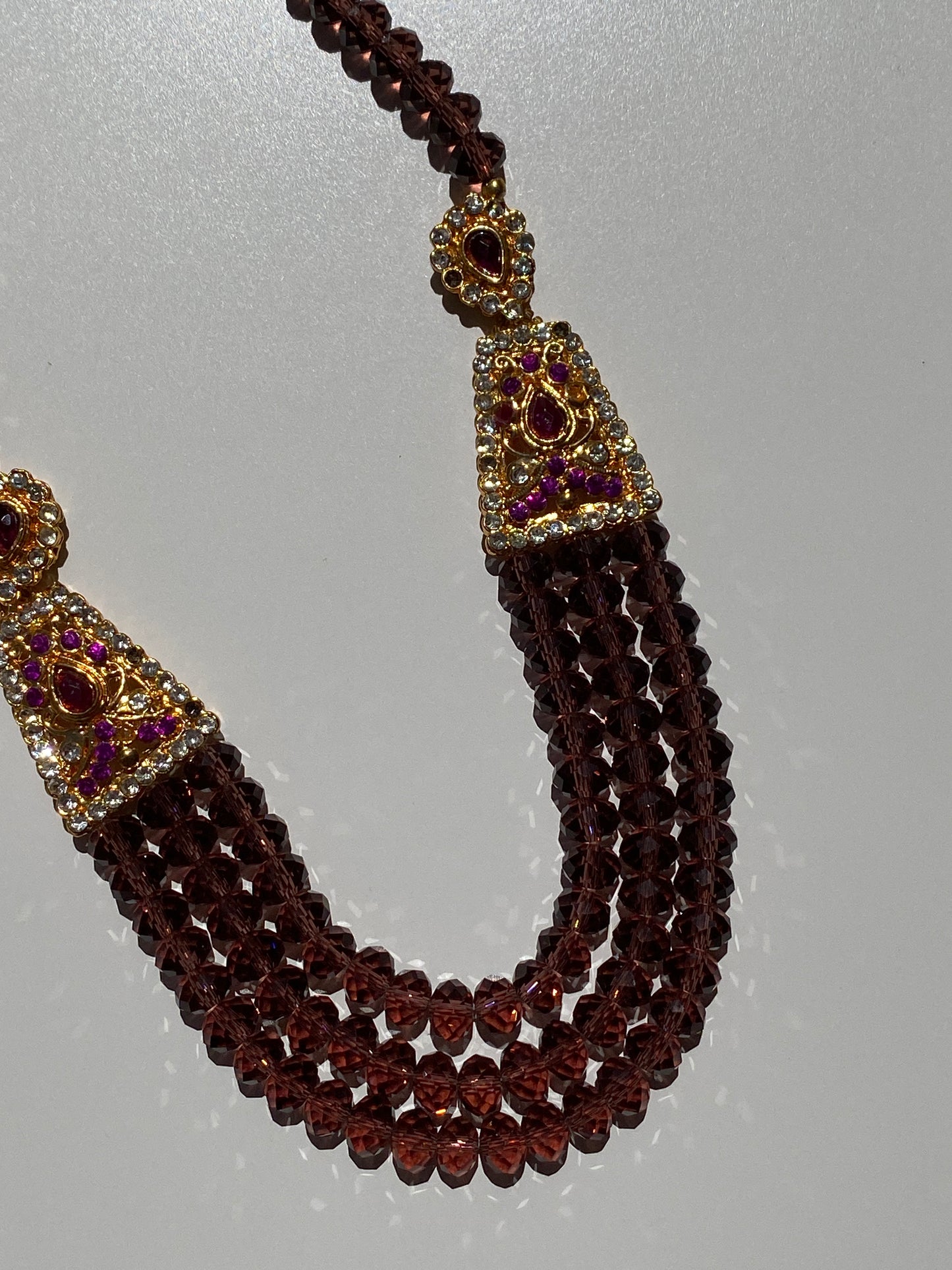 Vintage Jewellery Set Triple Strand Amethyst Crystal Bead Necklace with Rhinestone Gold Earrings