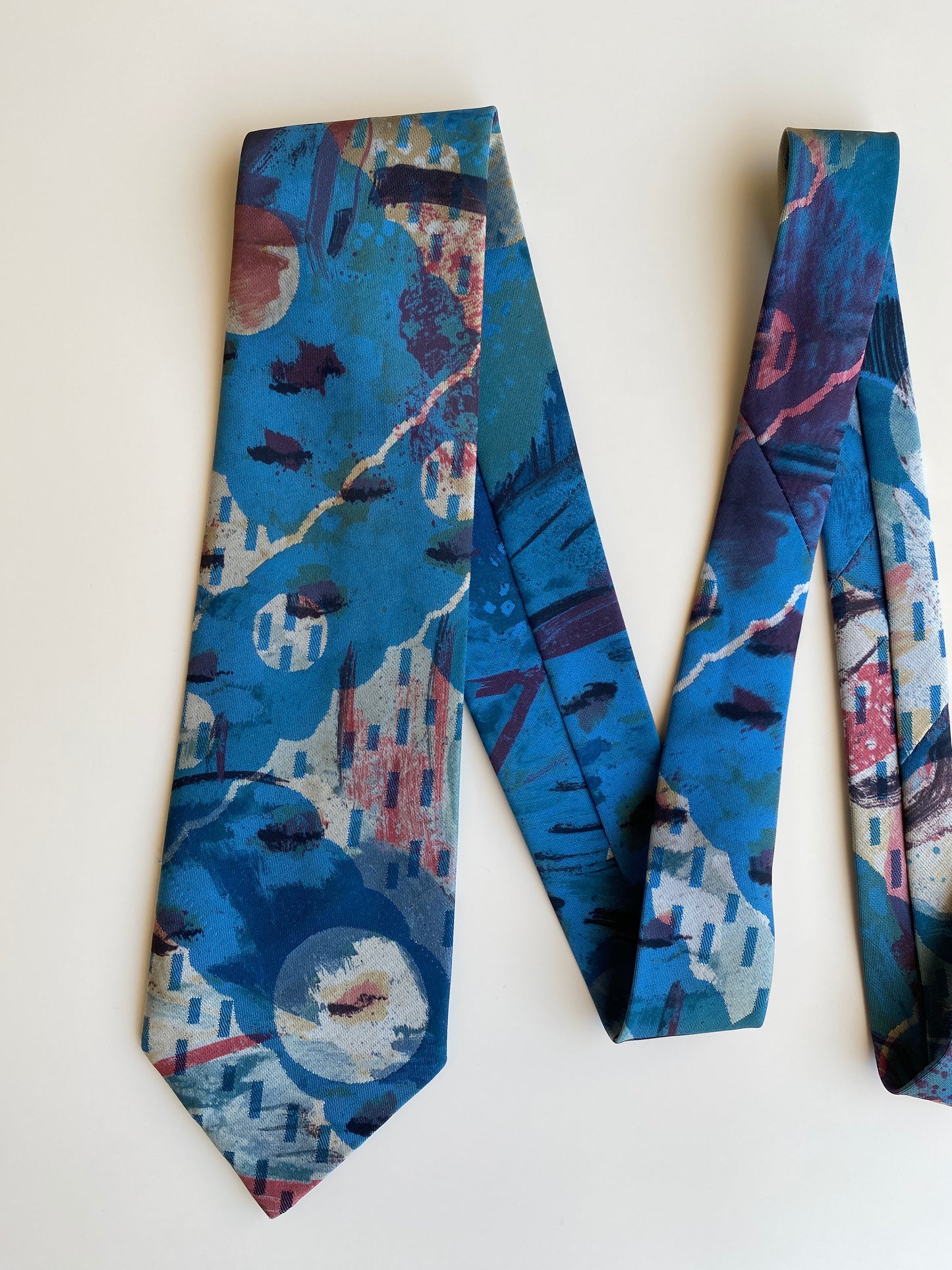 Vintage 1990s Blue Abstract Art Painterly Wide Necktie