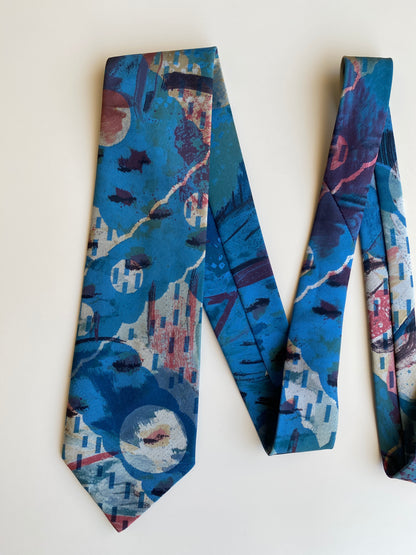 Vintage 1990s Blue Abstract Art Painterly Wide Necktie