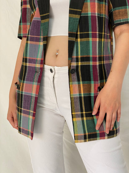 Vintage 90s Liz Claiborne Multicolor Plaid Cotton Short Sleeve Blazer - S