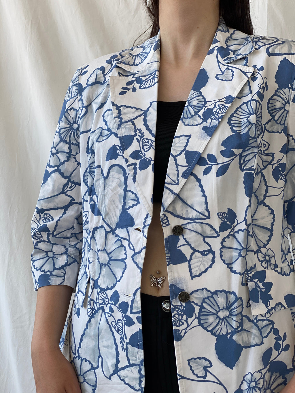 Y2K Nancy Co White Blue Floral Linen Blend Oversized Fit Blazer - L