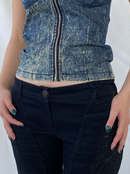 Vintage Wash Denim Blue Corset with Zipper and Adjustable Straps - M
