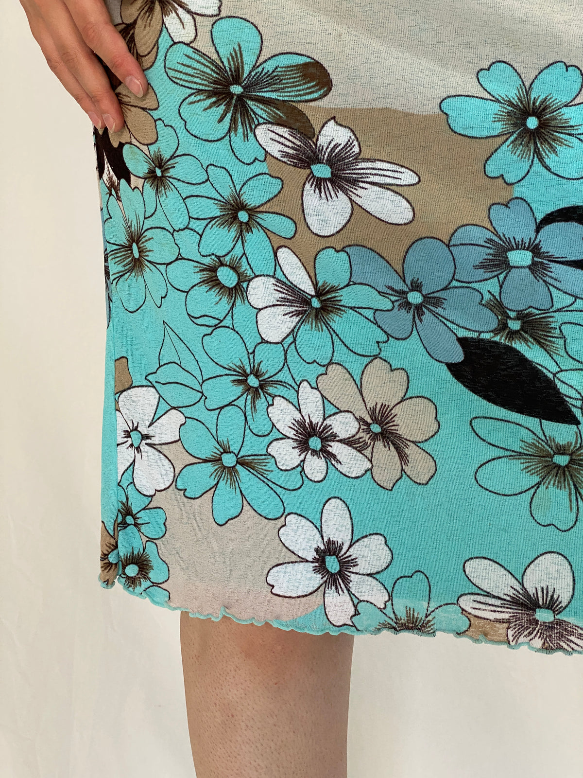 Vintage Y2K Aqua Blue & Beige Floral Print Stretch Midi Skirt - M Vintage Y2K Aqua Blue & Beige Floral Print Stretch Midi Skirt - M