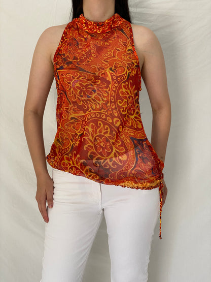 Vintage Y2K Boho Paisley Orange Mesh Halter Top Sheer Printed Sleeveless Blouse - M
