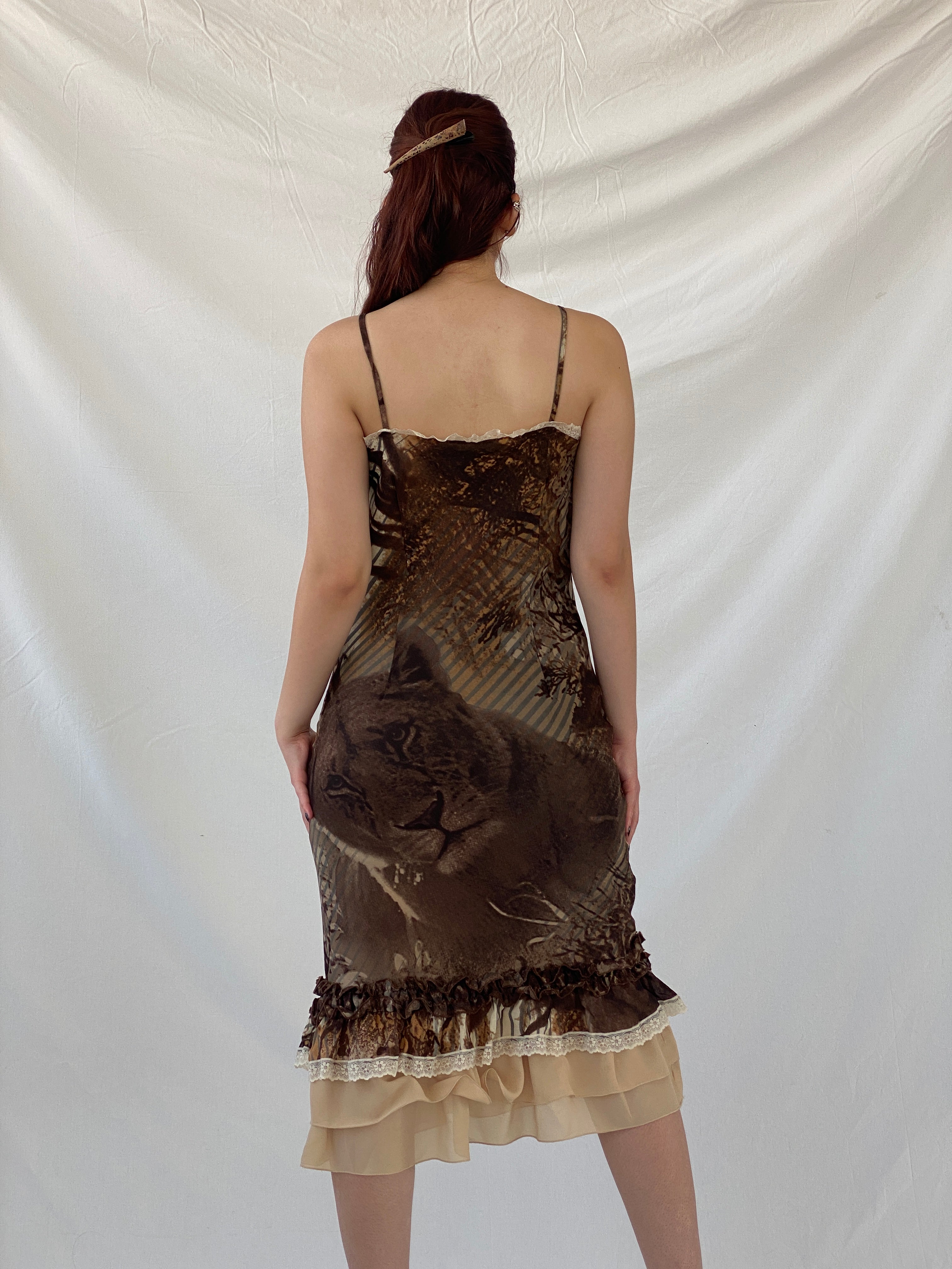 Insane Vintage 90s Per Una Brown Graphic Midi Dress with Ruffle and Lace Detailing - M