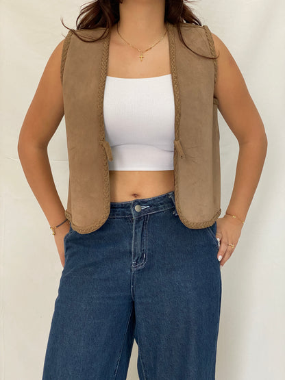 Vintage Tan Suede Braided Trim Western Boho Layer Vest - L