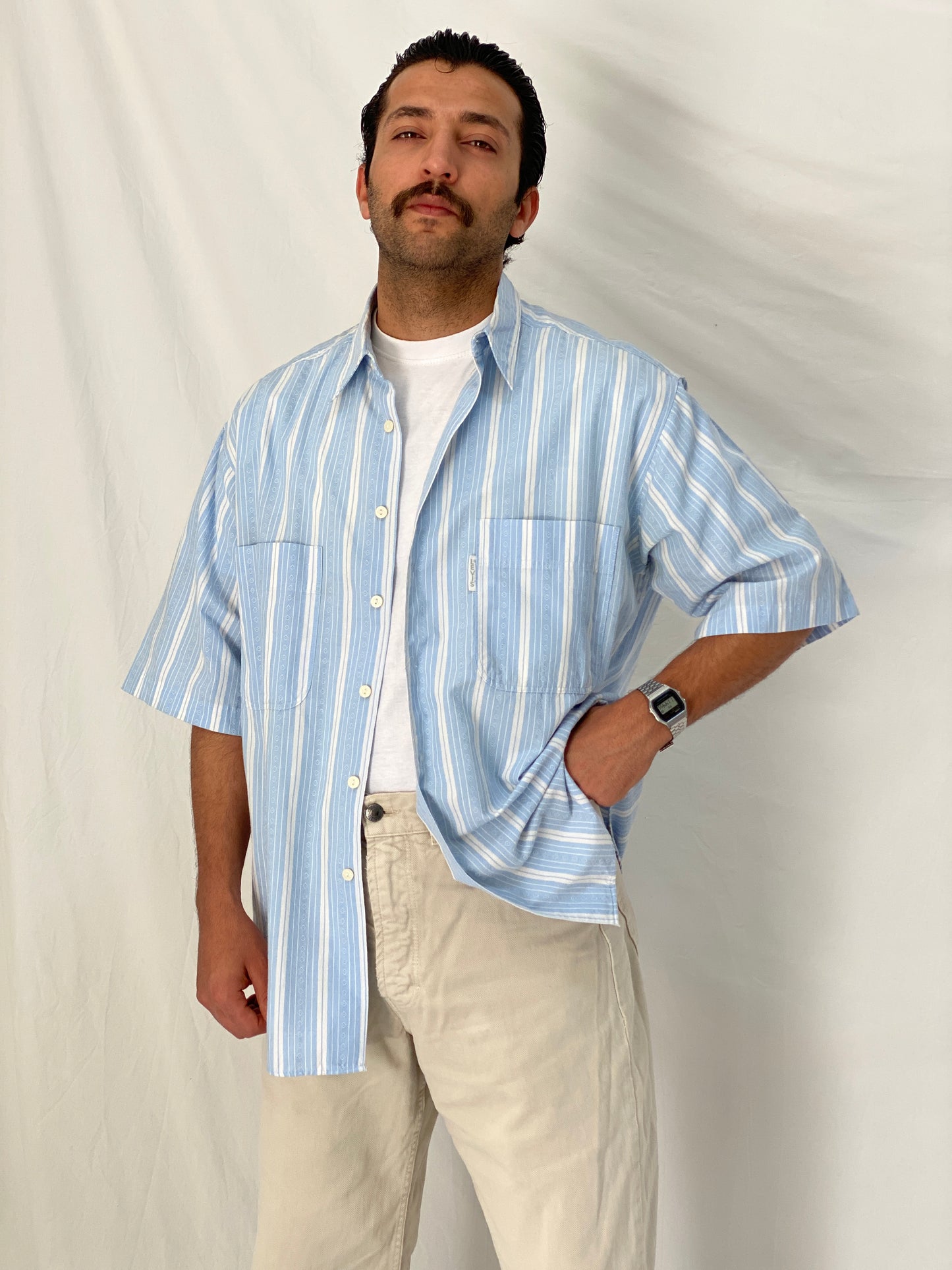 Vintage Levi’s Silver Label Blue Striped Short Sleeve Shirt Oversized 90s Minimal Button Up - L