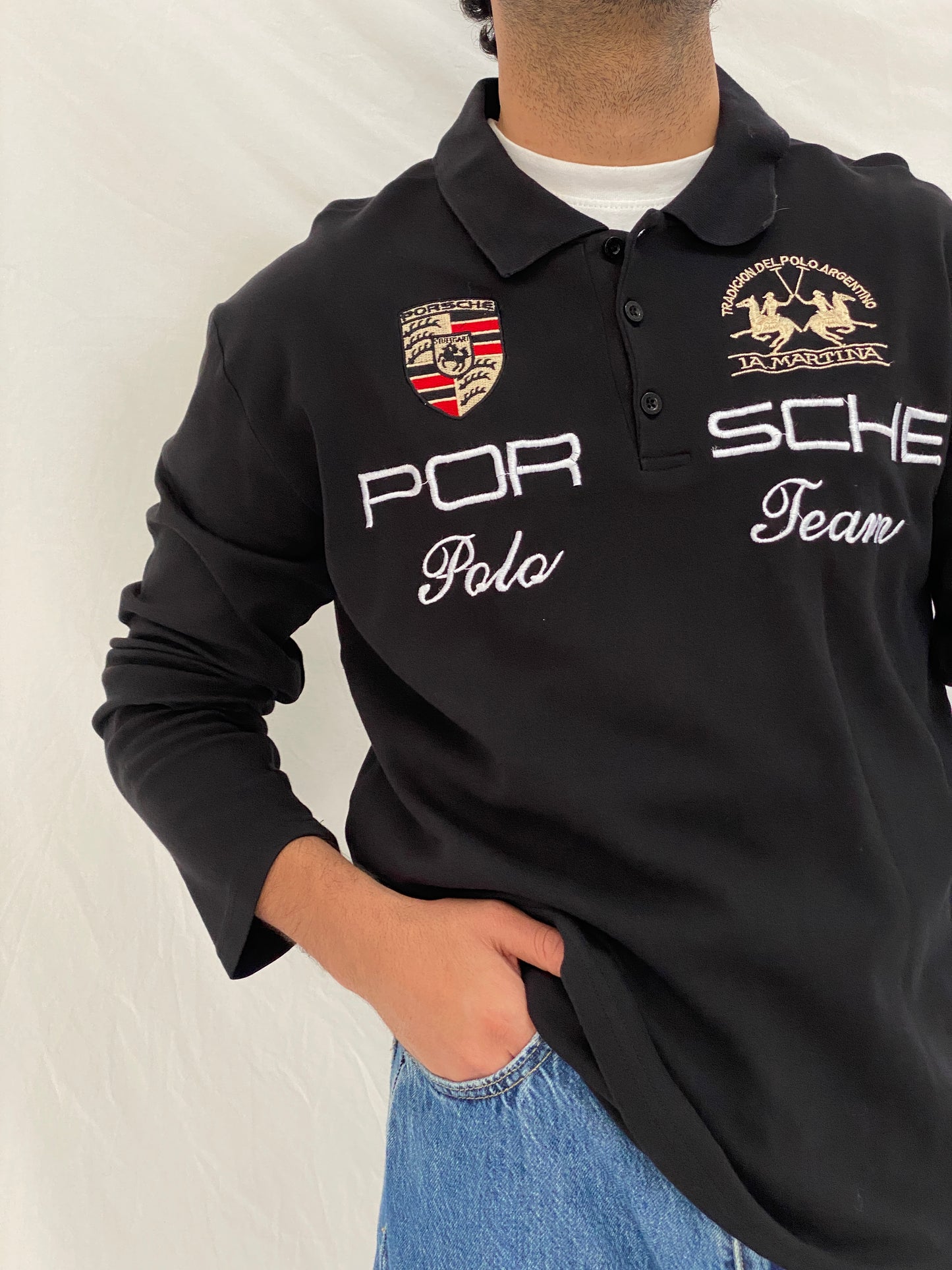 Vintage La Martina Porsche Team Rugby Polo Black Embroidered Long Sleeve Racing Shirt - L