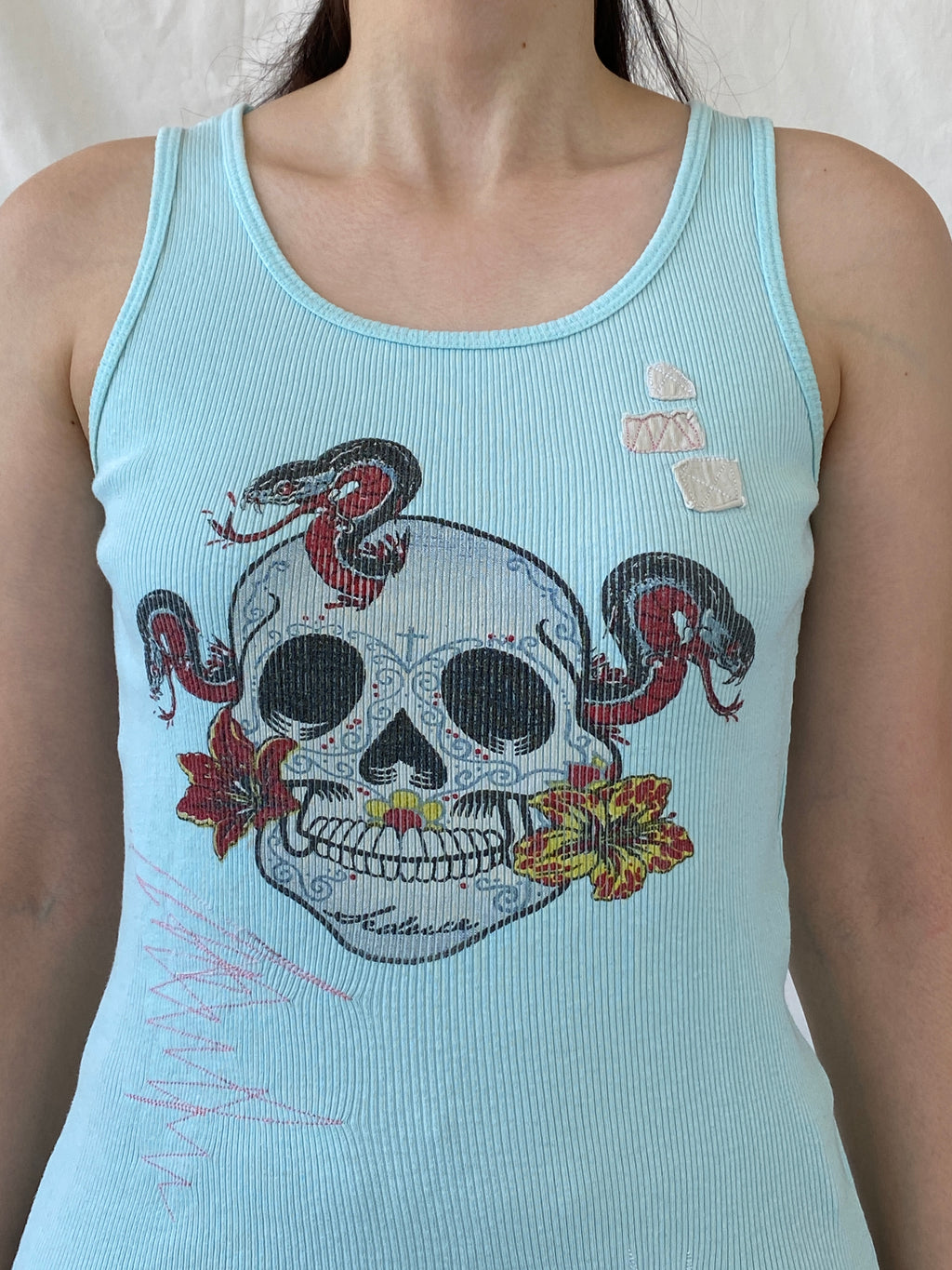 Y2K Seduce Blue Graphic Ribbed Tank Top - S