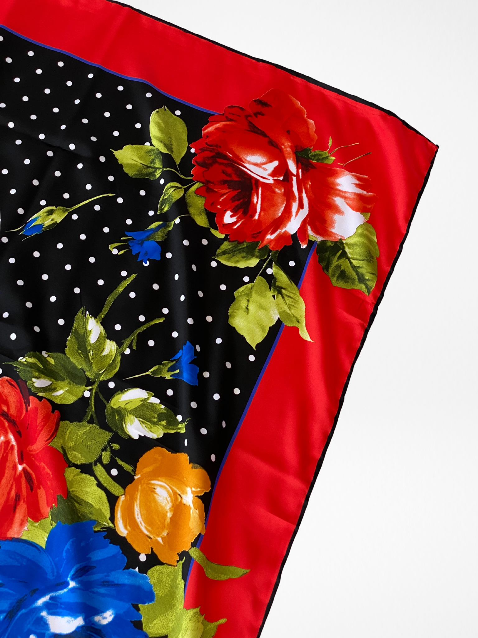 Vintage Berussa Red Polka Dot Black White Floral Satin Scarf