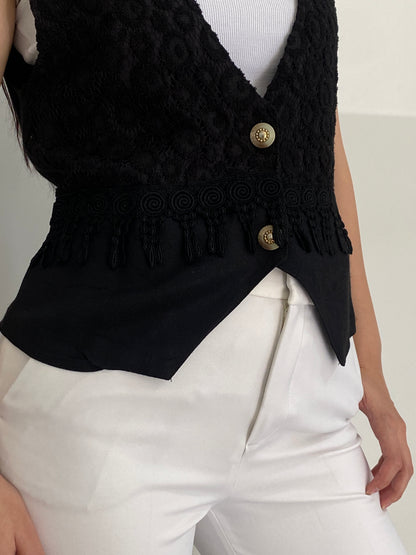 Vintage 90s Black Lace Romantic Tailored Waistcoat Vest - M