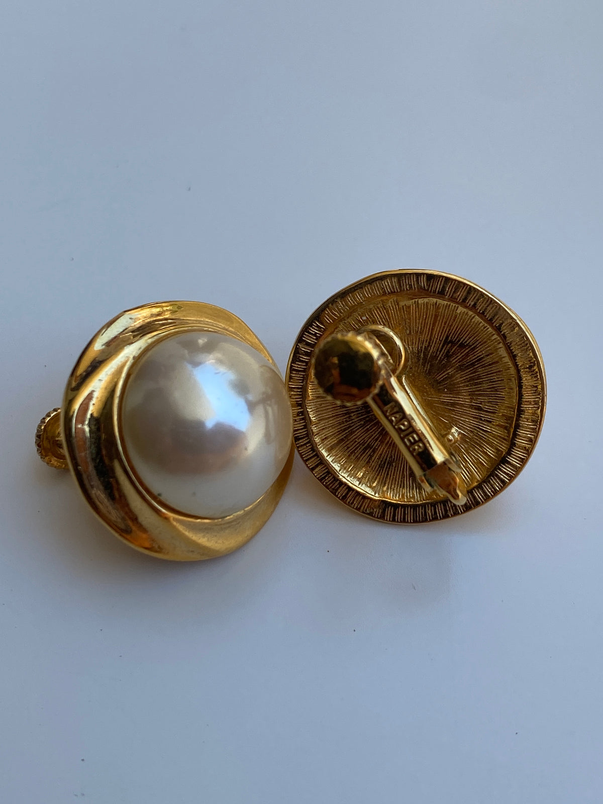 Vintage 1980s Napier Gold-Tone Faux Pearl Classic Clip-On Earrings Vintage 1980s Napier Gold-Tone Faux Pearl Classic Clip-On Earrings