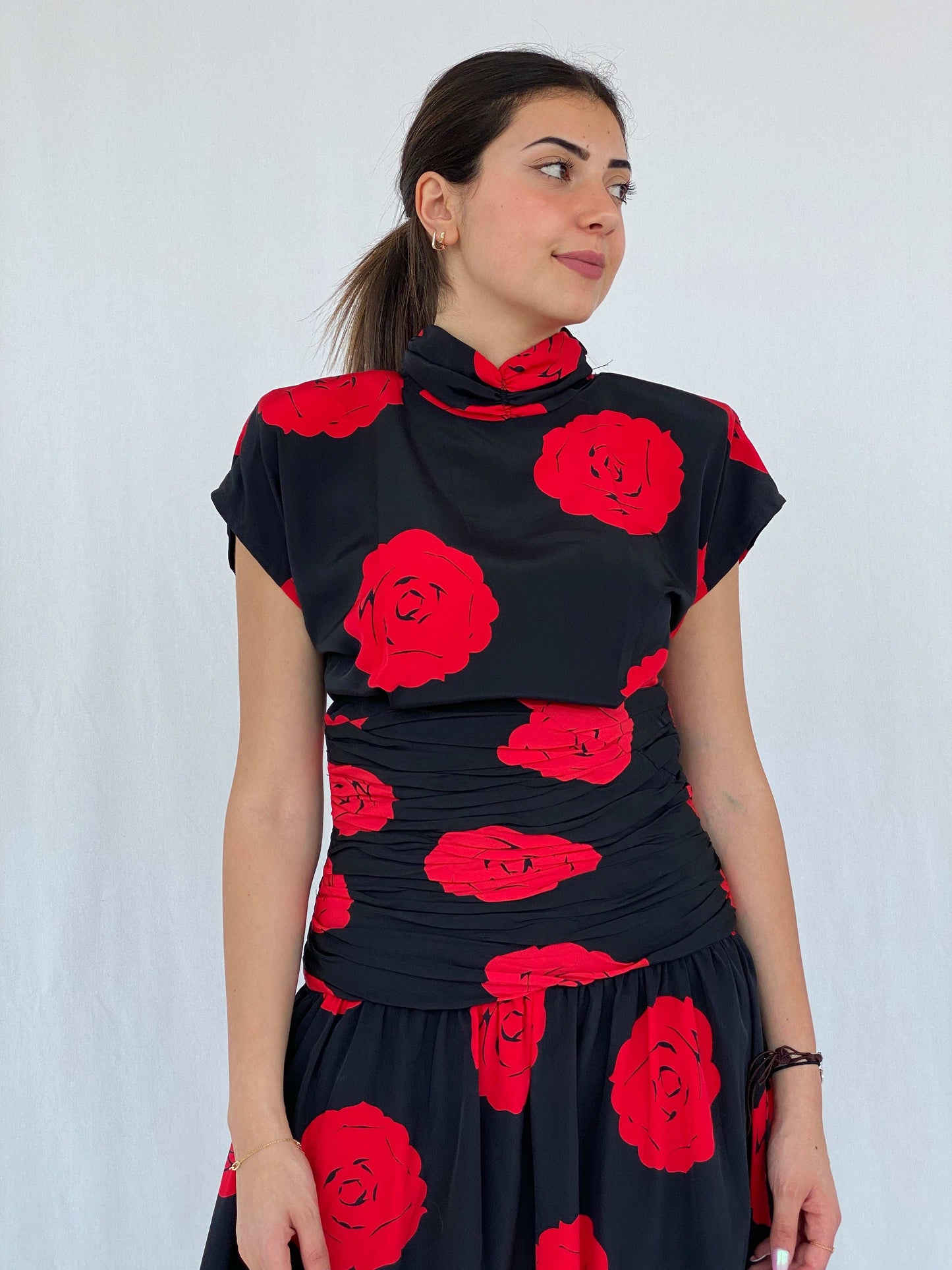 Stunning Vintage 80s Handmade Black Rose Print Midi Party Dress Size M - Balagan Vintage Midi Dress 90s, black dress, dress, floral dress, formal dress, Juana, midi dress, NEW IN