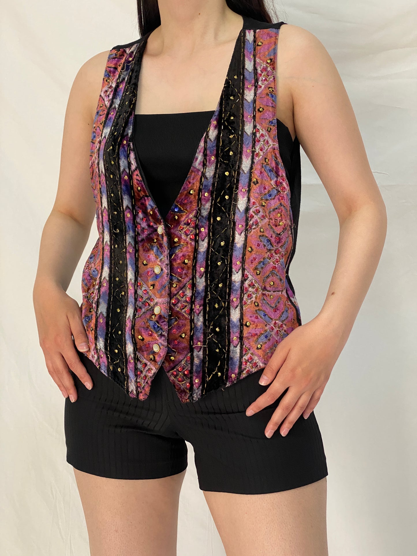 Vintage 90s Jane Ashley Beaded Velvet Boho Purple Multicolor Vest – L