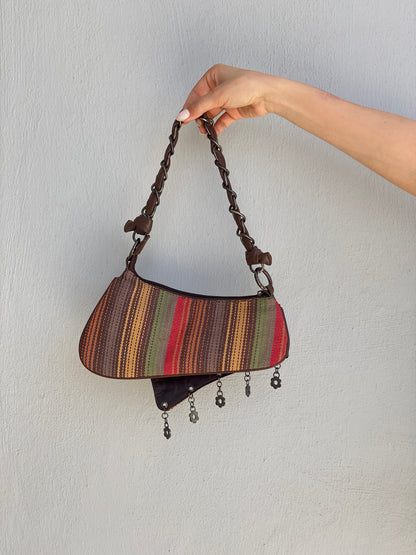 Vintage Y2K Multicolor Striped Mini Braided Chain Strap Shoulder Bag